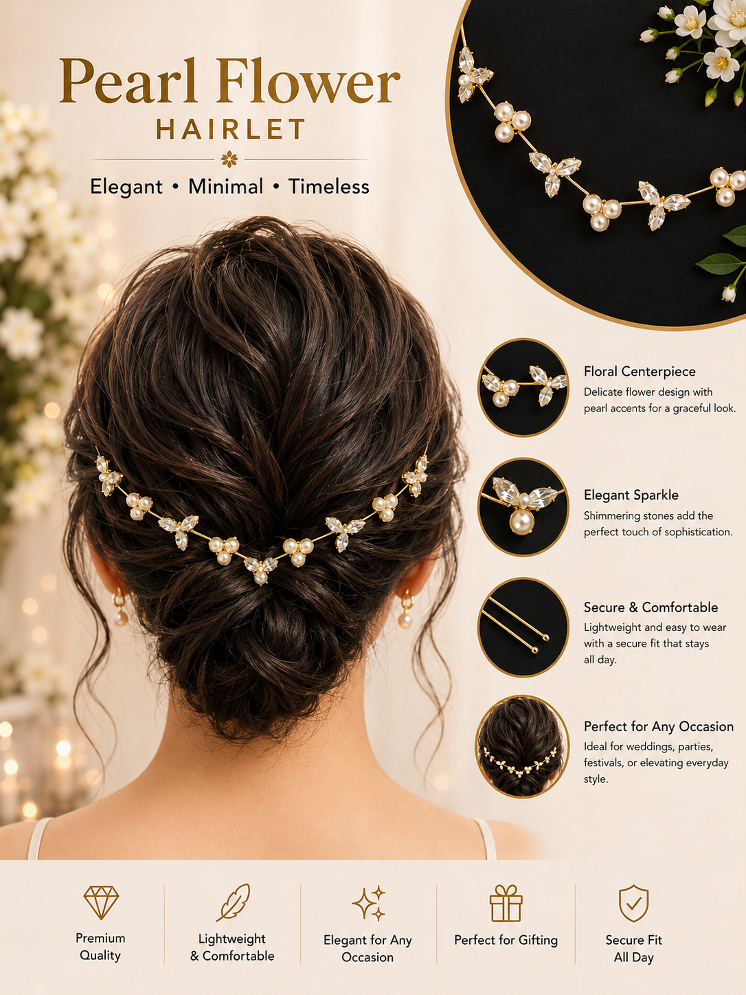 Pearl Flower Bridal Hairlet | Gold Crystal & Pearl Wedding Hair Accessory