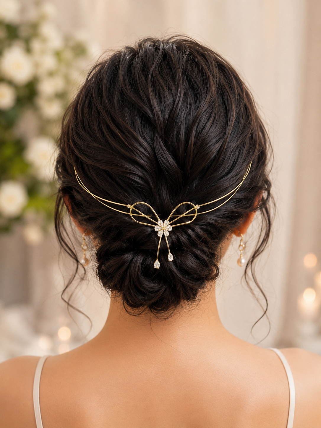Elegant Gold Bow Bridal Hair Vine | Crystal Flower Wedding Hair Accessory