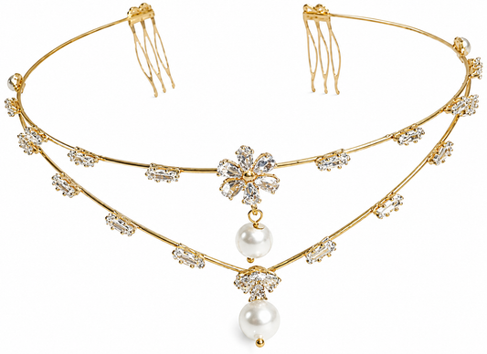 Pearl Flower Hair Chain – Elegant Gold Bridal Hair Jewelry with Pearl Drop